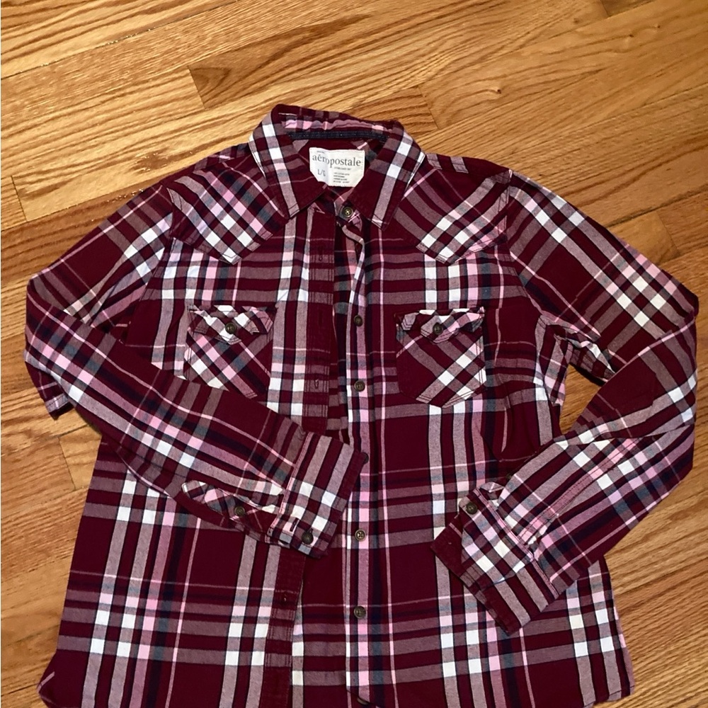Aeropostale Burgundy and Pink Plaid Shirt size Large early 2000’s
